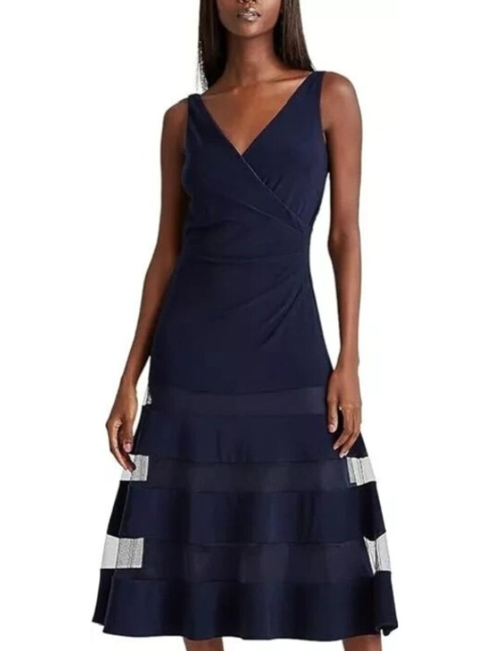 Lauren Ralph Lauren Navy Tulle Panel Sleeveless Midi Party Dress 10